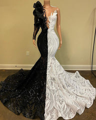 Hot Half Black Half White One shoulder Long Sleeves Mermaid Corset Prom Dresses outfit, Party Dress A Line