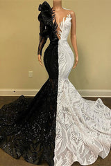 Hot Half Black Half White One shoulder Long Sleeves Mermaid Corset Prom Dresses outfit, Party Dresse Idea