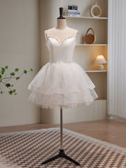 White Spaghetti Strap Tulle Short Corset Prom Dress, Cute A-Line Party Dress Outfits, Party Dresses Glitter