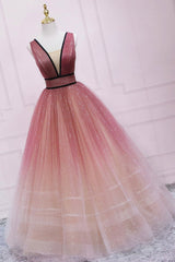 Cute Ombre Tulle V-Neck Long Party Dress, A-line Corset Prom Dress outfits, Homecoming Dress Website