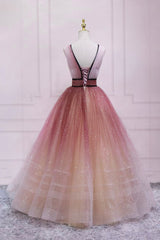 Cute Ombre Tulle V-Neck Long Party Dress, A-line Corset Prom Dress outfits, Homecoming Dress Stores