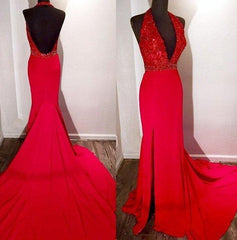 2024 Gorgeous Red Halter Side-Slit Mermaid/Trumpet Satin Corset Prom Dresses outfit, Bridesmaids Dress Style