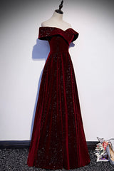 Burgundy Velvet Long Corset Prom Dresses, Off the Shoulder Evening Dresses outfit, Stunning Dress