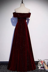 Burgundy Velvet Long Corset Prom Dresses, Off the Shoulder Evening Dresses outfit, Pleated Dress