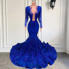 Hot Sparkle Royal Blue Sequin Long sleeves Mermaid Corset Prom Dresses outfit, Party Dress Black
