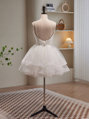 White Spaghetti Strap Tulle Short Corset Prom Dress, Cute A-Line Party Dress Outfits, Party Dress Glitter