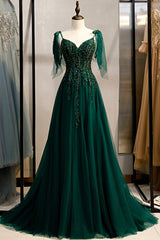 Green V-Neck Lace Long Corset Prom Dresses, A-Line Evening Dresses outfit, Prom Dresses 2042 Black