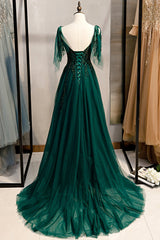 Green V-Neck Lace Long Corset Prom Dresses, A-Line Evening Dresses outfit, Prom Dresses Tight Fitting