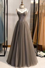 Gray Tulle Spaghetti Strap Long Corset Prom Dresses, A-Line Evening Dresses outfit, Prom Dresses Aesthetic
