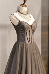 Gray Tulle Spaghetti Strap Long Corset Prom Dresses, A-Line Evening Dresses outfit, Prom Dress Types