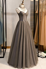 Gray Tulle Spaghetti Strap Long Corset Prom Dresses, A-Line Evening Dresses outfit, Prom Dress Type