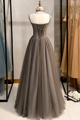 Gray Tulle Spaghetti Strap Long Corset Prom Dresses, A-Line Evening Dresses outfit, Prom Dress Aesthetic