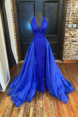 Blue V-Neck Sequins Long Corset Prom Dresses, Blue Corset Formal Evening Dresses outfit, Little Black Dress