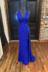 Blue V-Neck Sequins Long Corset Prom Dresses, Blue Corset Formal Evening Dresses outfit, Gown Dress Elegant