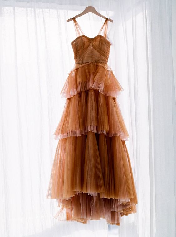 Brown tulle long Corset Prom dress, evening dress outfit, Silk Prom Dress