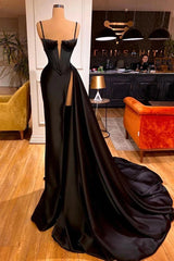 Black Spaghetti Straps Split Chapel Trailing Evening Corset Prom Dresses outfit, Bridesmaid Dress Black