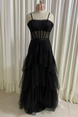 Black Corset Prom Dress, Elegant A-line Layered Tulle Corset Prom Dresses,Sheer Corset Long Evening Dress outfit, Summer Dress