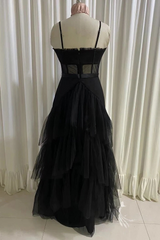 Black Corset Prom Dress, Elegant A-line Layered Tulle Corset Prom Dresses,Sheer Corset Long Evening Dress outfit, Prom Dress Gold