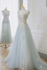 A-Line Tulle Lace Appliques Sweetheart Long Corset Prom Dress, Strapless Evening Dress outfit, Formal Attire