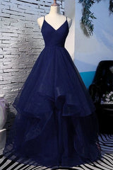 Fluffy V Neck Navy Blue Long Corset Prom Dress, With Straps V Neck Navy Blue Corset Formal Dress, Navy Blue Evening Dress outfit, Formal Dress Places Near Me