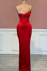 Red Long Mermaid One Shoulder Satin Corset Prom Dress With Beadings Sleeveless outfit, Party Dresses And Jumpsuits