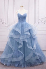 Shiny Blue Tulle A-Line Spaghetti Straps Long Corset Prom Dresses outfit, Party Dresses Fall