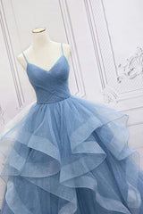 Shiny Blue Tulle A-Line Spaghetti Straps Long Corset Prom Dresses outfit, Party Dress For Ladies
