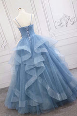 Shiny Blue Tulle A-Line Spaghetti Straps Long Corset Prom Dresses outfit, Party Dresses For Ladies