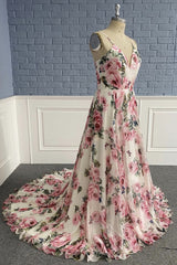 Stylish V Neck Backless Floral Pattern Long Corset Prom Dress, V Neck Floral Pattern Corset Formal Evening Dress outfit, Formal Dressed Long