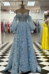 Sweetheart Neck Blue Lace Appliques Long Corset Prom Dress, With Long Sleeves Blue Lace Floral Corset Formal Graduation Evening Dress outfit, Formal Dress Stores Near Me