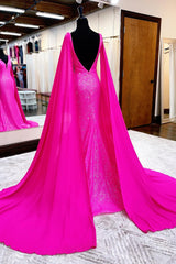 Hot Pink Mermaid Corset Prom Dress With Wateau Train Gowns, Party Dresses Short