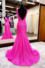 Hot Pink Mermaid Corset Prom Dress With Wateau Train Gowns, Party Dress Outfit