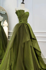 A Line Asymmetrical Strapless Green Long Corset Prom Dress with Ruffles Gowns, Bridesmaid Dress White