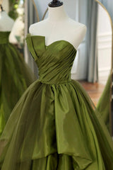 A Line Asymmetrical Strapless Green Long Corset Prom Dress with Ruffles Gowns, Bridesmaids Dresses White