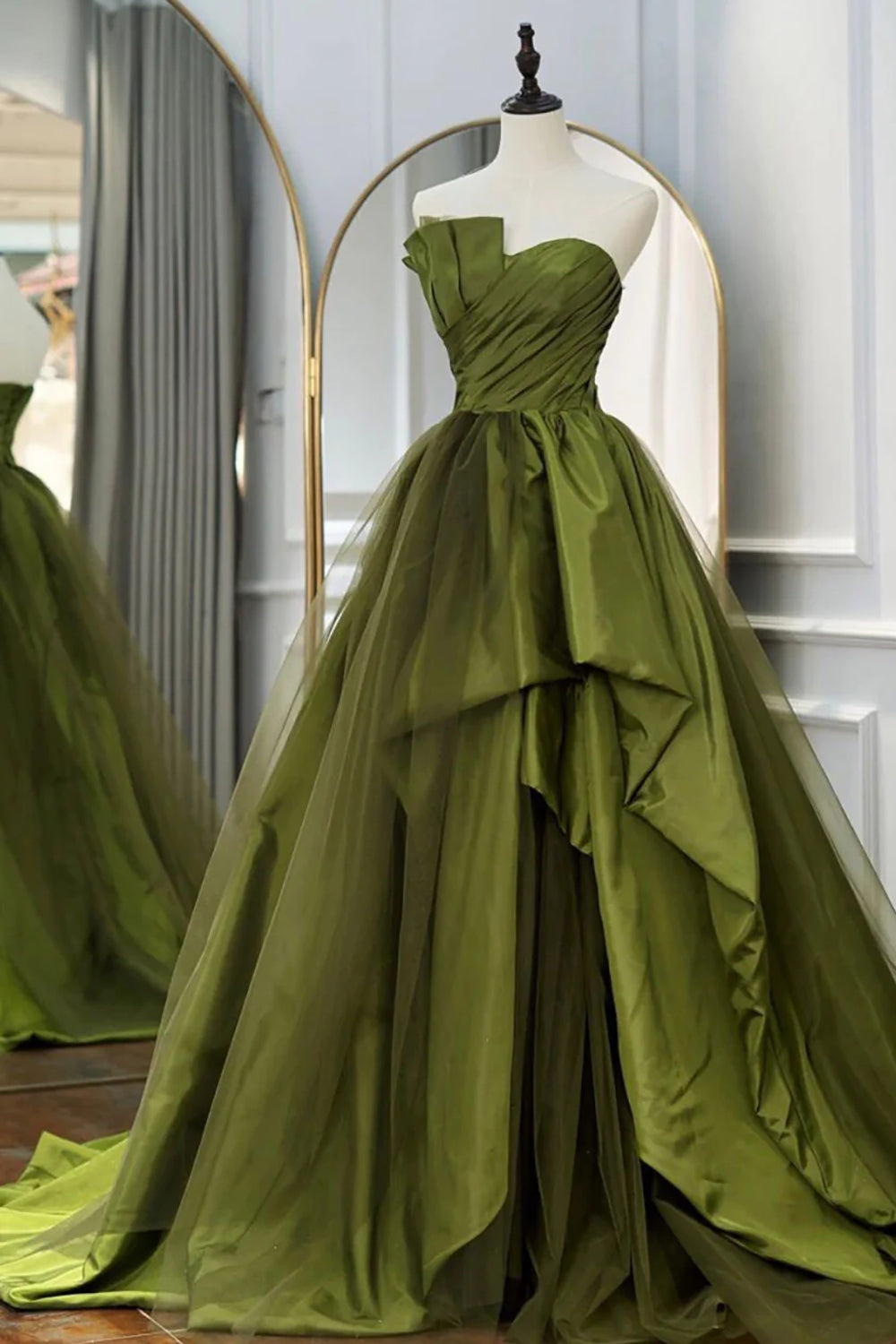 A Line Asymmetrical Strapless Green Long Corset Prom Dress with Ruffles Gowns, Bridesmaid Dresses Mismatched Summer