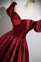 A-Line Burgundy Satin Floor Length Corset Prom Dress, Off the Shoulder New Party Dress Outfits, Prom Dress Sleeve