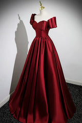 A-Line Burgundy Satin Floor Length Corset Prom Dress, Off the Shoulder New Party Dress Outfits, Prom Dresses Sleeves