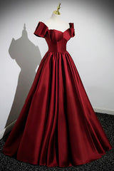 A-Line Burgundy Satin Floor Length Corset Prom Dress, Off the Shoulder New Party Dress Outfits, Prom Dresses Sleeve