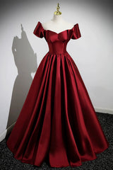 A-Line Burgundy Satin Floor Length Corset Prom Dress, Off the Shoulder New Party Dress Outfits, Prom Dresses 2032 Cheap