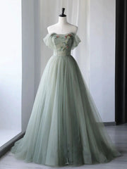 A-Line Green Tulle Long Corset Prom Dress,Unique Corset Formal Evening Dresses outfit, Party Dress On Line