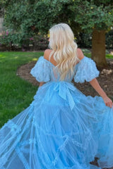A Line Off the Shoulder Light Blue Tulle Corset Corset Prom Dress with Bowknot outfit, A Line Off the Shoulder Light Blue Tulle Corset Prom Dress with Bowknot