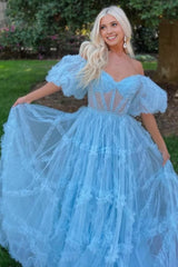 A Line Off the Shoulder Light Blue Tulle Corset Corset Prom Dress with Bowknot outfit, A Line Off the Shoulder Light Blue Tulle Corset Prom Dress with Bowknot