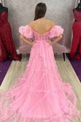 A Line Off the Shoulder Pink Tulle Corset Corset Prom Dress with Bowknot outfit, A Line Off the Shoulder Pink Tulle Corset Prom Dress with Bowknot