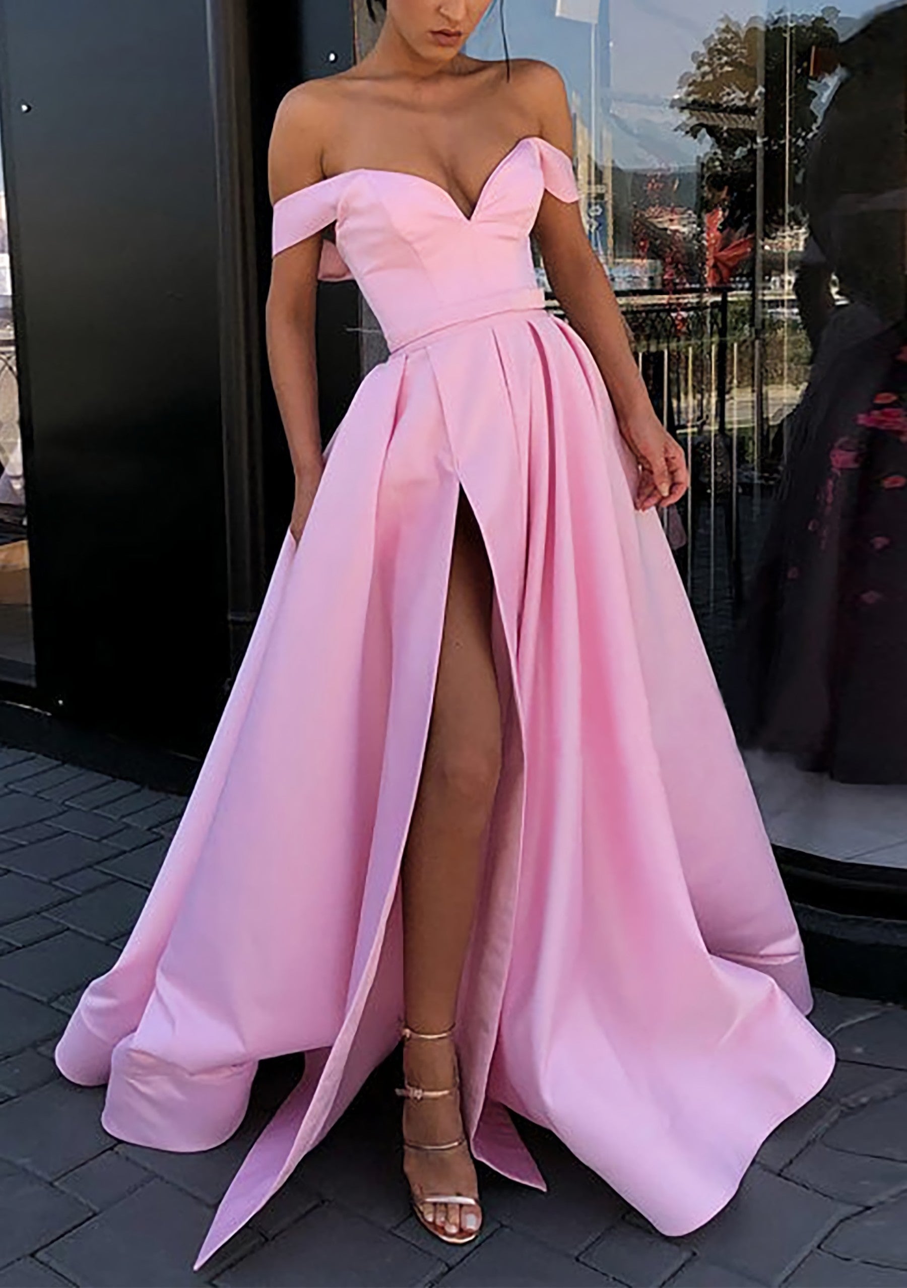 A-line Off-the-Shoulder Strapless Long/Floor-Length Satin Corset Prom Dress With Split outfit, Black Tie Dress