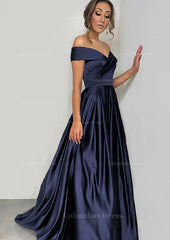 A-line/Princess Off-the-Shoulder Sleeveless Sweep Train Satin Corset Prom Dress With Pleated Gowns, Prom Dresses Chiffon