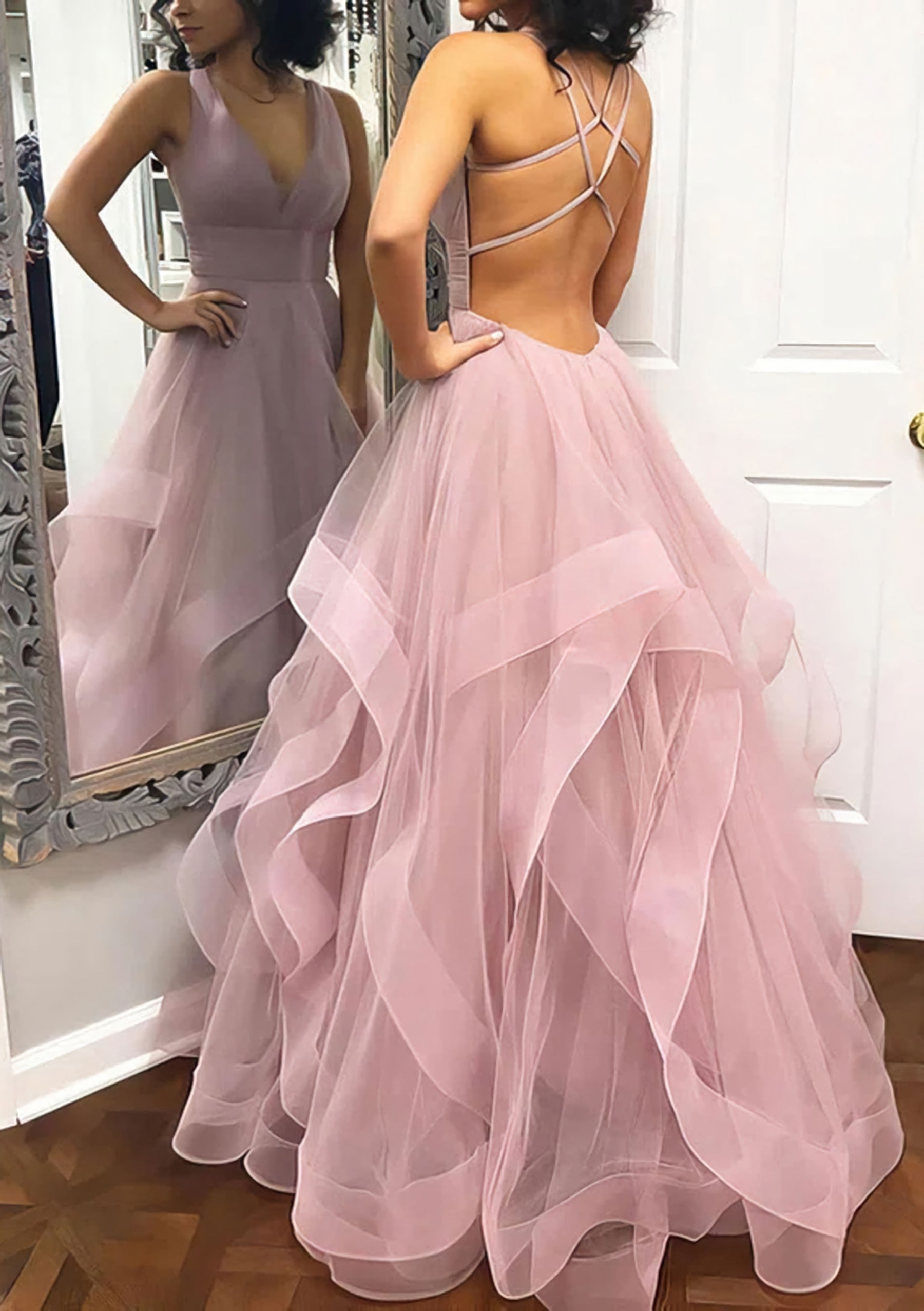A-line Princess V Neck Sleeveless Tulle Long/Floor-Length Corset Prom Dress With Pleated Gowns, Prom Dress2024