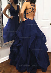 A-line Princess V Neck Sleeveless Tulle Long/Floor-Length Corset Prom Dress With Pleated Gowns, Prom Dressed 2024