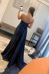 A Line Sweethaert Navy Blue Long Corset Prom Dress with Split Front Gowns, A Line Sweethaert Navy Blue Long Prom Dress with Split Front