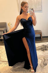 A Line Sweethaert Navy Blue Long Corset Prom Dress with Split Front Gowns, A Line Sweethaert Navy Blue Long Prom Dress with Split Front