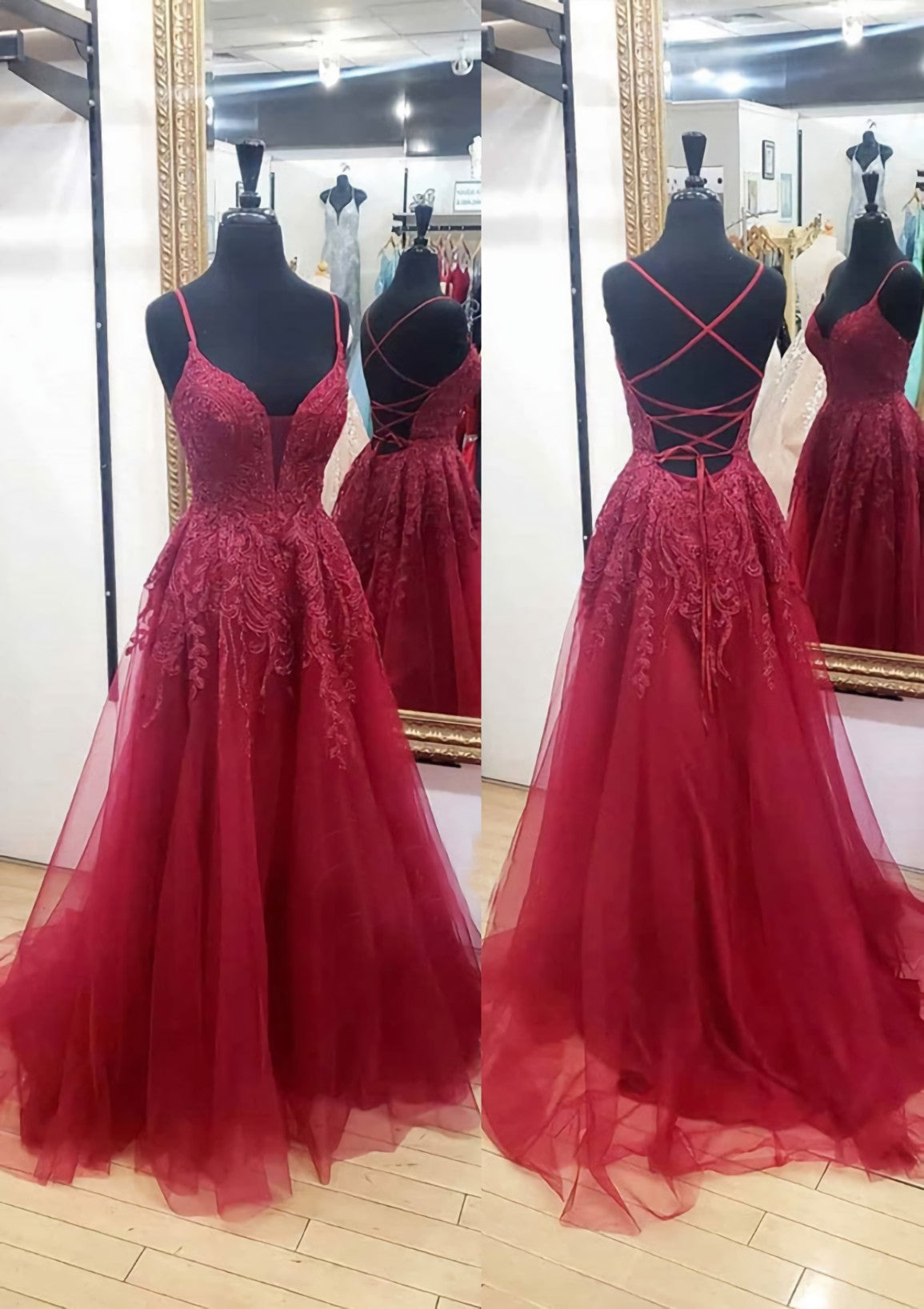 A-line V Neck Sleeveless Chapel Train Tulle Corset Prom Dress With Appliqued Lace outfit, Corset Prom Dress